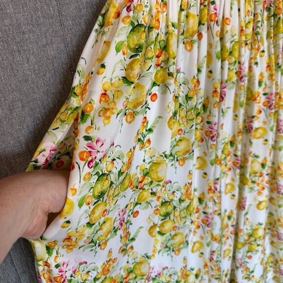 Lavender Brown Lemon Print Square Neck Puff Sleeve Empire Waist Long Midi Dress - Picture 11 of 14